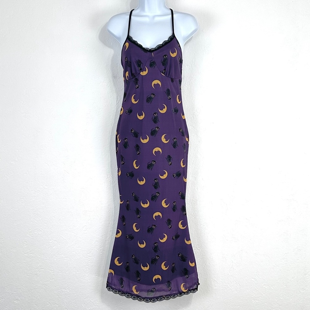 Womens Whimsical Witchy Cat Moon Slip Dress Size Small Purple Mesh Lace Trim
